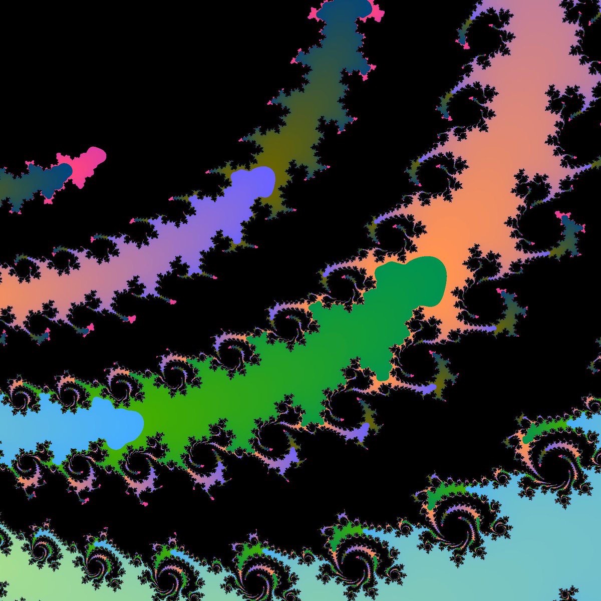 Mandelbrot set render, centred at -6.01590531831553421e-01 + 4.25746251751493388e-01i at zoom 51306602770.68678